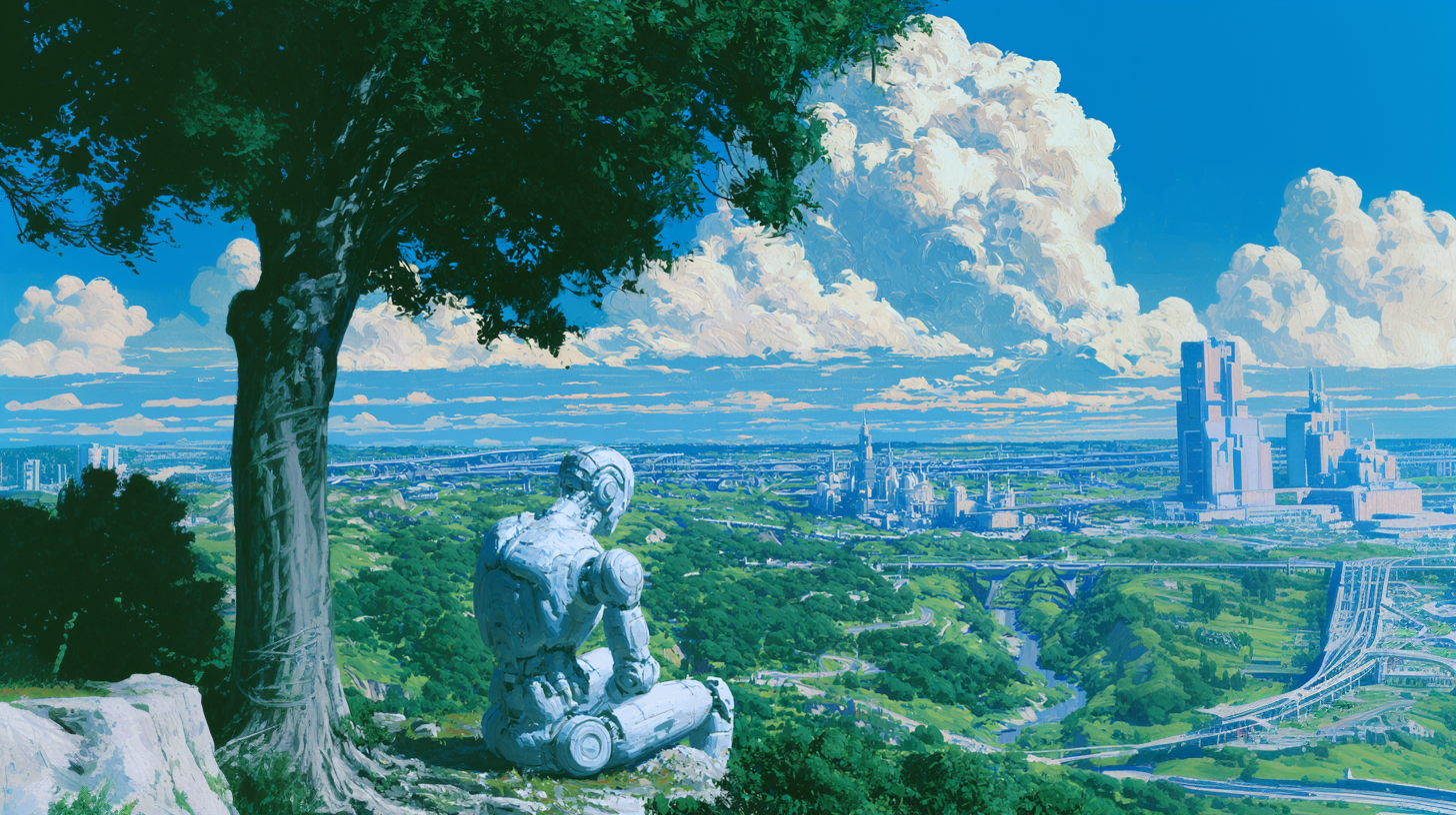 A robot overlooking a green futuristic city from beneath a tree